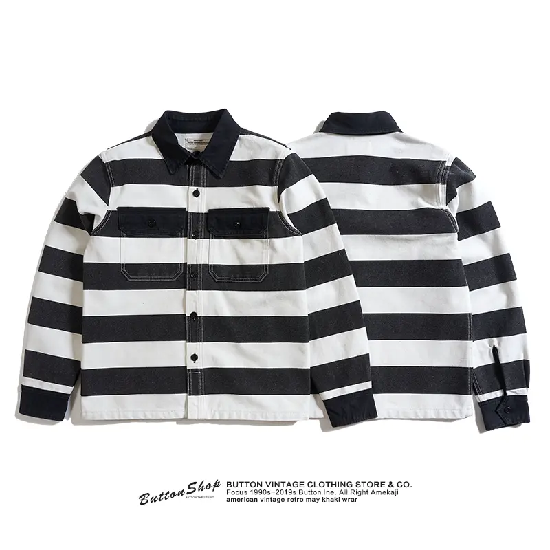 Autumn New American Retro 16oz Heavyweight Prisoner Striped Jacket Men's Fashion Pure Cotton Washed Thick Canvas Motorcycle Coat