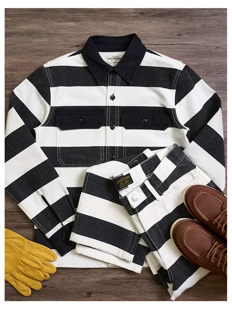 Autumn New American Retro 16oz Heavyweight Prisoner Striped Jacket Men's Fashion Pure Cotton Washed Thick Canvas Motorcycle Coat