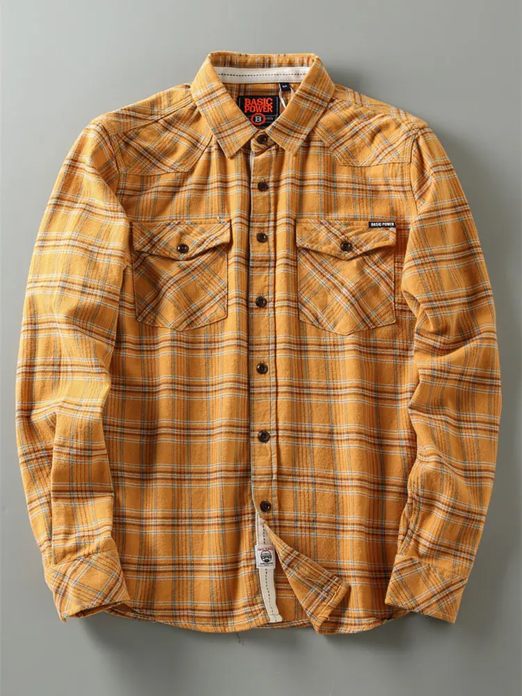 Autumn Korean Simple Youth Long-Sleeve Flannel Plaid Tooling Blouses Pure Cotton Washed Old Men's Fashion Multi-pocket Shirt