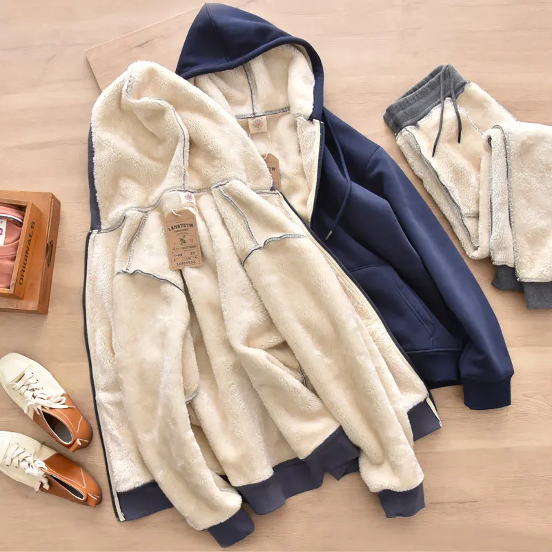 Winter American Retro Heavyweight Long Sleeved Hooded Hoodies Men's Simple Thickened Lambs Velvet Casual Cardigan Sweatshirts