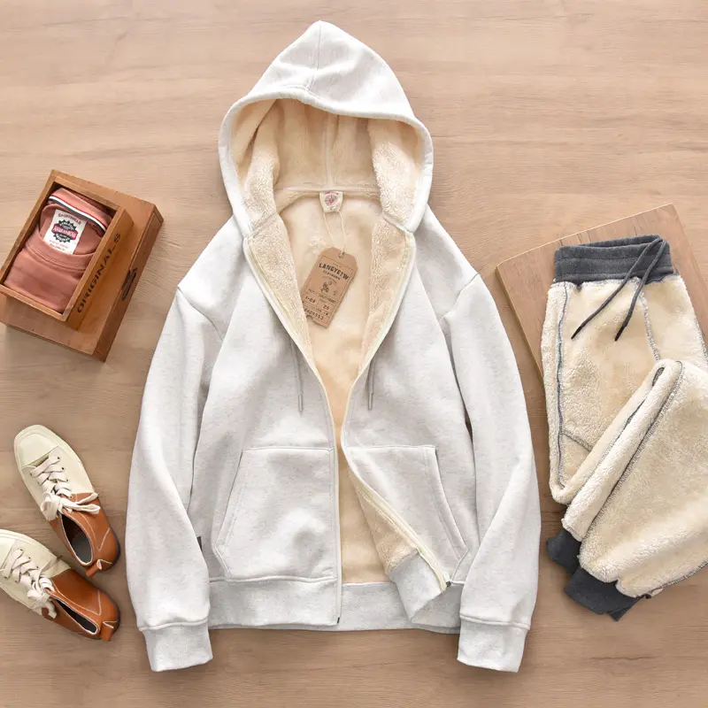 Winter American Retro Heavyweight Long Sleeved Hooded Hoodies Men's Simple Thickened Lambs Velvet Casual Cardigan Sweatshirts