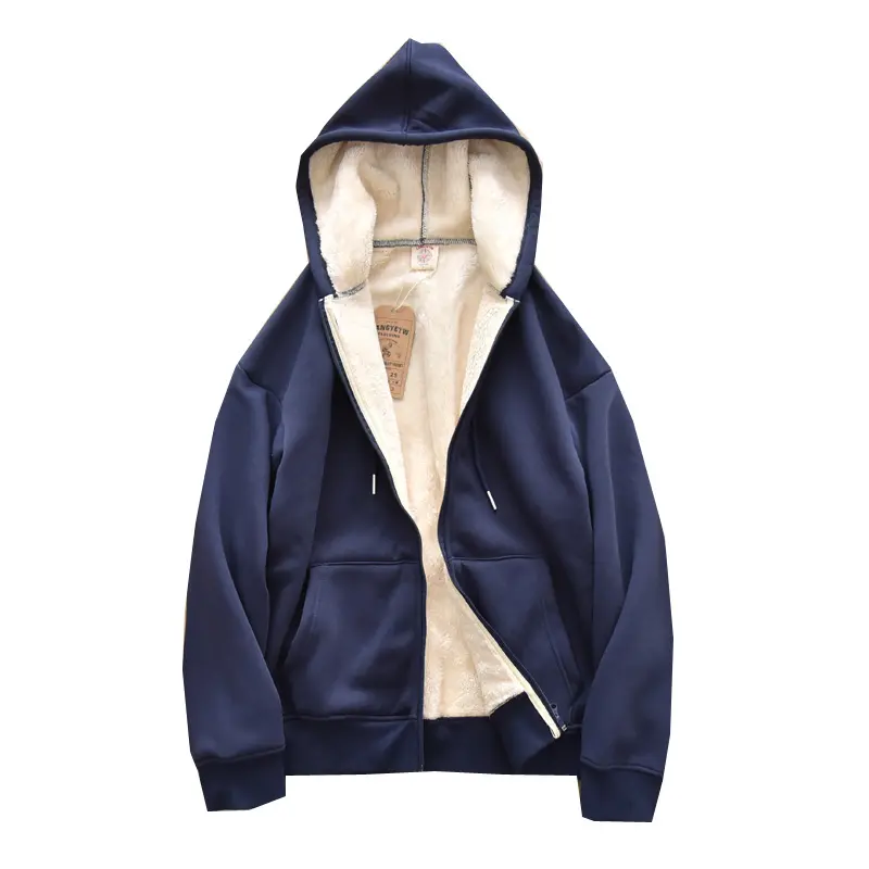 Winter American Retro Heavyweight Long Sleeved Hooded Hoodies Men's Simple Thickened Lambs Velvet Casual Cardigan Sweatshirts