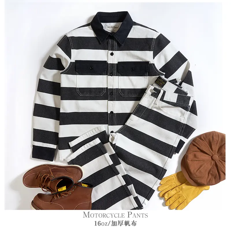 Autumn New American Retro 16oz Heavyweight Striped Cargo Pants Men's Fashion 100% Cotton Washed Thick Canvas Motorcycle Trousers