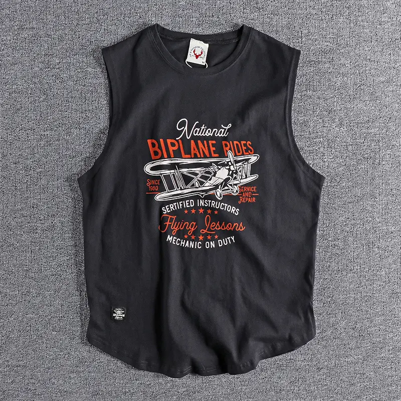403# Summer New American Retro Sleeveless O-neck Printed T-shirt Men's Fashion 100% Cotton Washed Old Casual Sports Vest Tops