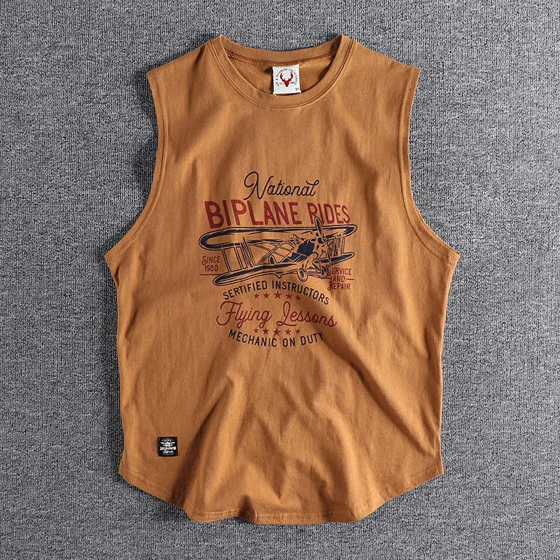 403# Summer New American Retro Sleeveless O-neck Printed T-shirt Men's Fashion 100% Cotton Washed Old Casual Sports Vest Tops