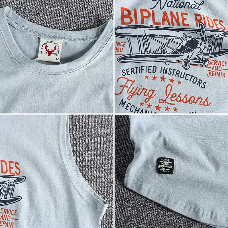 403# Summer New American Retro Sleeveless O-neck Printed T-shirt Men's Fashion 100% Cotton Washed Old Casual Sports Vest Tops