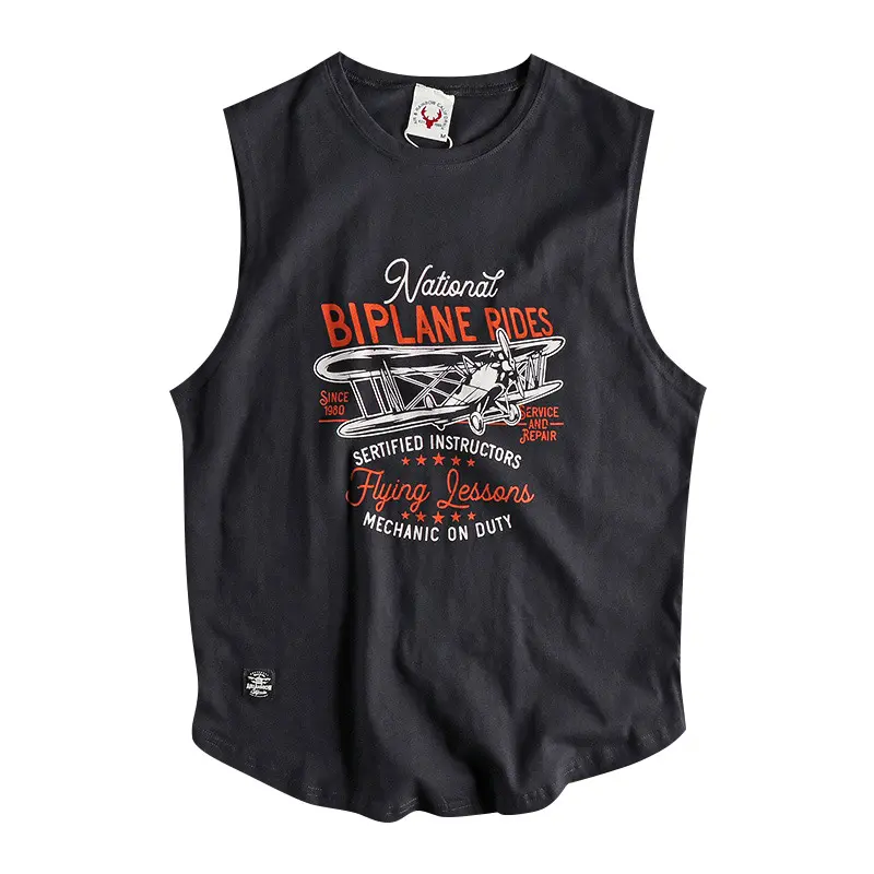 403# Summer New American Retro Sleeveless O-neck Printed T-shirt Men's Fashion 100% Cotton Washed Old Casual Sports Vest Tops
