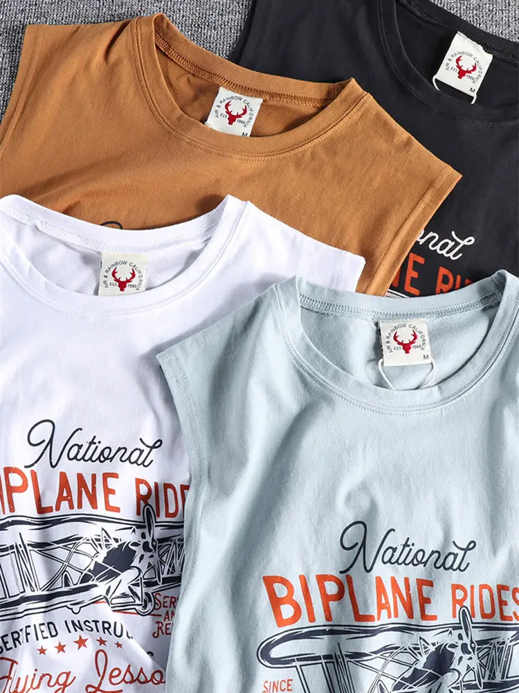 403# Summer New American Retro Sleeveless O-neck Printed T-shirt Men's Fashion 100% Cotton Washed Old Casual Sports Vest Tops