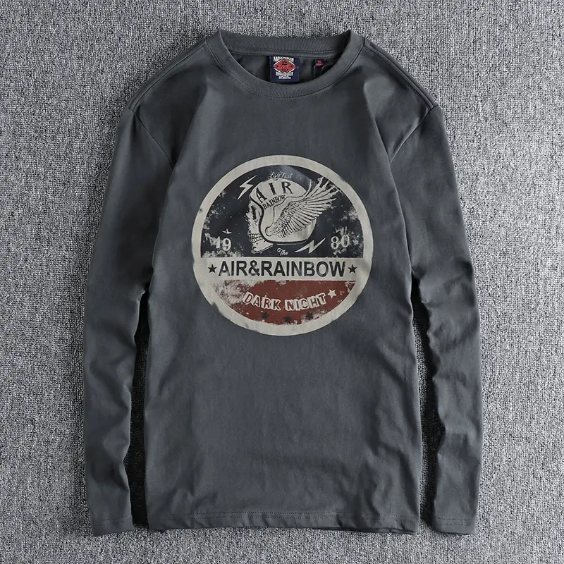 Autumn New American Retro Long Sleeve O-neck Skull Printed T-shirt Men's Fashion 100% Cotton Washed Casual Youth Bottoming Tops