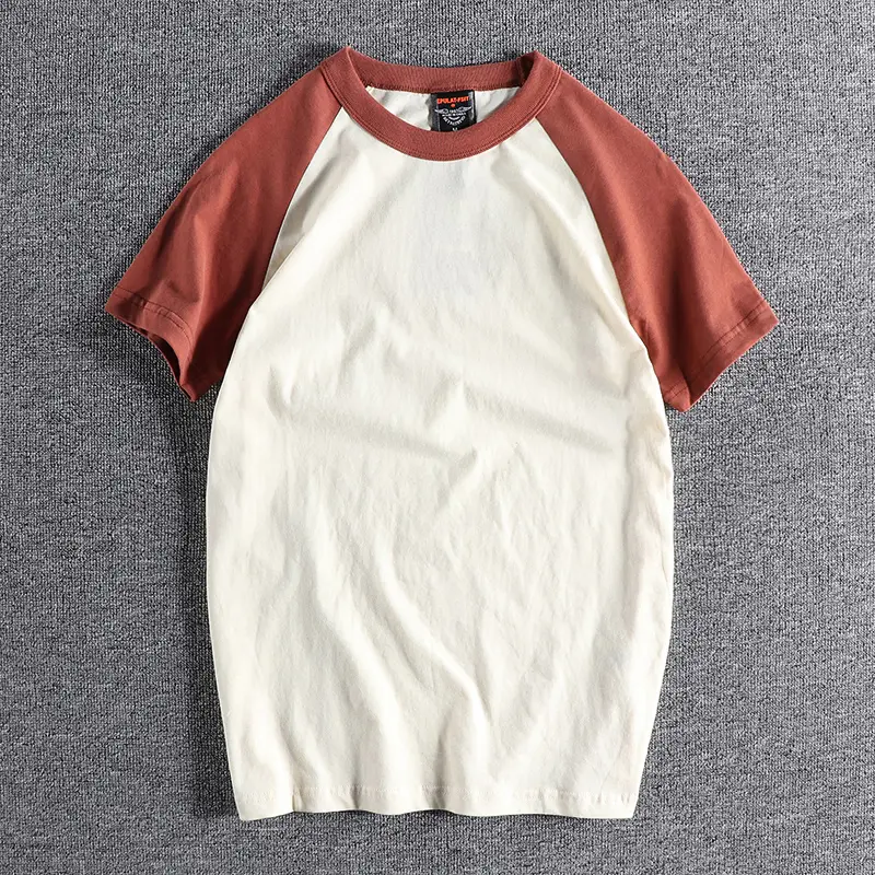 Summer American Retro Raglan Sleeve Two-color Stitched T-shirt Men's Fashion Short-sleeved O-neck 100% Cotton Washed Casual Tops