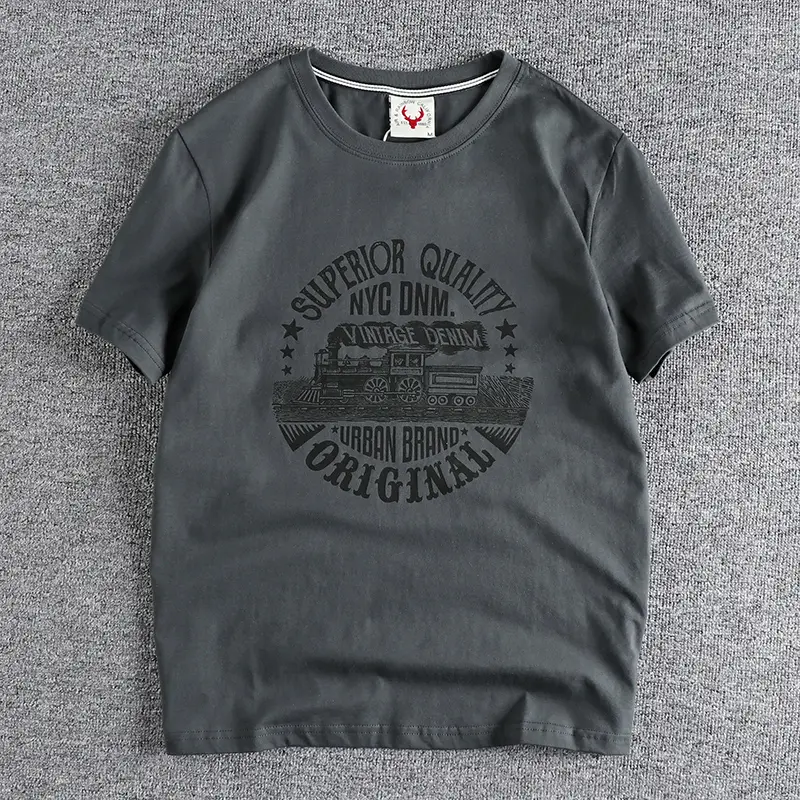 Summer American Retro Short-sleeved O-neck Locomotive Ptinted T-shirt Men's Fashion 100% Odell Cotton Washed Casual Sport Tops