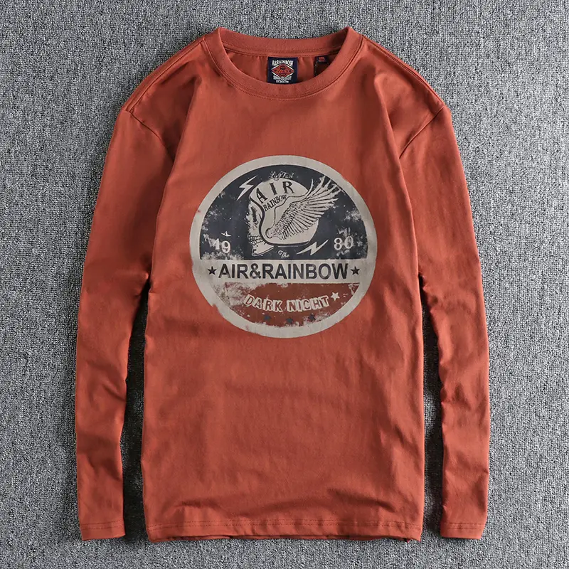 Autumn New American Retro Long Sleeve O-neck Skull Printed T-shirt Men's Fashion 100% Cotton Washed Casual Youth Bottoming Tops