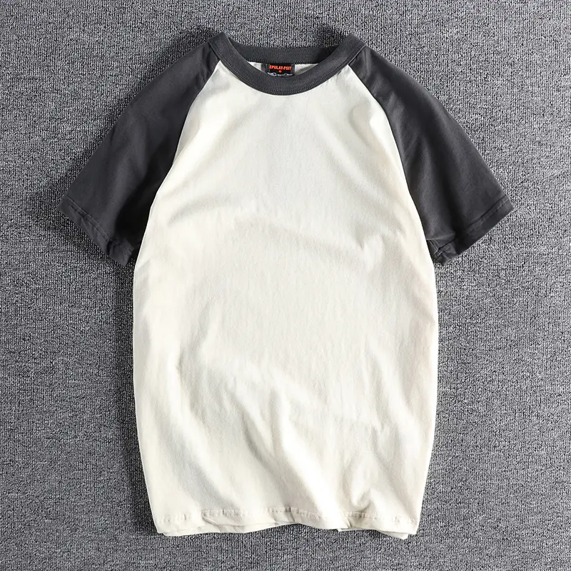Summer American Retro Raglan Sleeve Two-color Stitched T-shirt Men's Fashion Short-sleeved O-neck 100% Cotton Washed Casual Tops