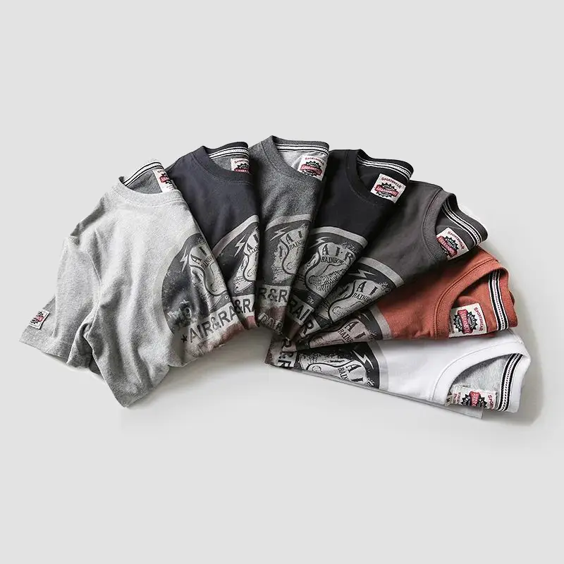 Summer American Retro War Style Short Sleeve O-neck Pilot Printed T-shirt Men's Fashion Youth 100% Cotton Washed Old Casual Tops