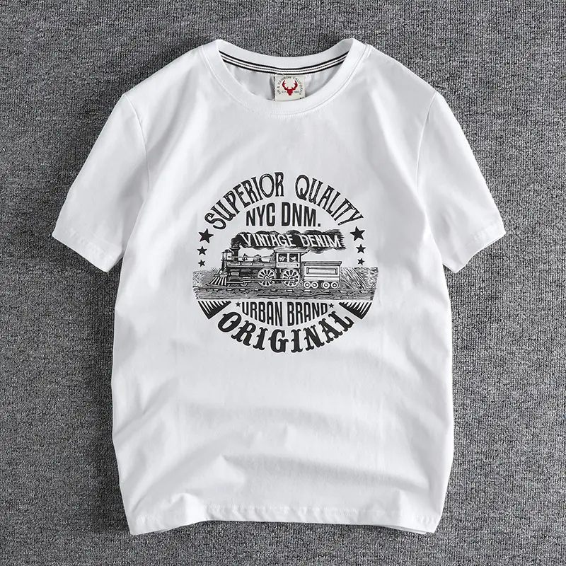 Summer American Retro Short-sleeved O-neck Locomotive Ptinted T-shirt Men's Fashion 100% Odell Cotton Washed Casual Sport Tops