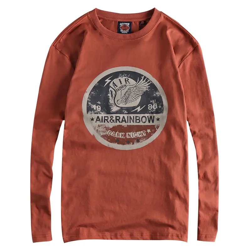 Autumn New American Retro Long Sleeve O-neck Skull Printed T-shirt Men's Fashion 100% Cotton Washed Casual Youth Bottoming Tops