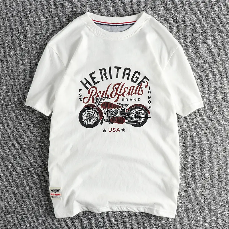 T218# Summer New American Retro Short Sleeve O-neck Motorcyce Printed T-shirt Men's Simple 100% Cotton Washed Casual Youth Tops