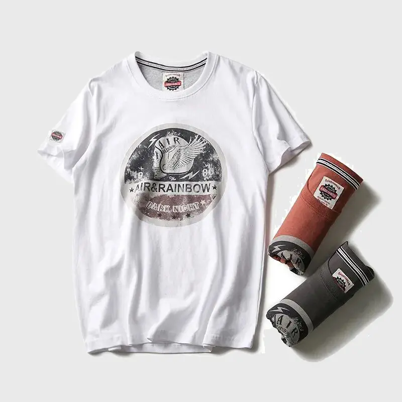Summer American Retro War Style Short Sleeve O-neck Pilot Printed T-shirt Men's Fashion Youth 100% Cotton Washed Old Casual Tops