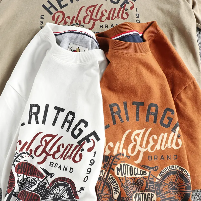 T218# Summer New American Retro Short Sleeve O-neck Motorcyce Printed T-shirt Men's Simple 100% Cotton Washed Casual Youth Tops