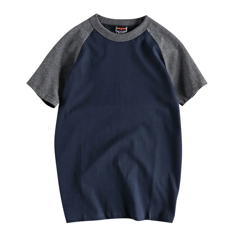 Summer American Retro Raglan Sleeve Two-color Stitched T-shirt Men's Fashion Short-sleeved O-neck 100% Cotton Washed Casual Tops
