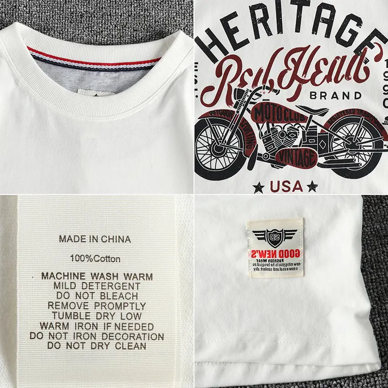 T218# Summer New American Retro Short Sleeve O-neck Motorcyce Printed T-shirt Men's Simple 100% Cotton Washed Casual Youth Tops