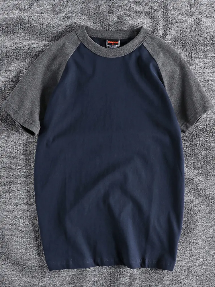 Summer American Retro Raglan Sleeve Two-color Stitched T-shirt Men's Fashion Short-sleeved O-neck 100% Cotton Washed Casual Tops