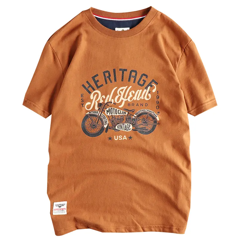 T218# Summer New American Retro Short Sleeve O-neck Motorcyce Printed T-shirt Men's Simple 100% Cotton Washed Casual Youth Tops
