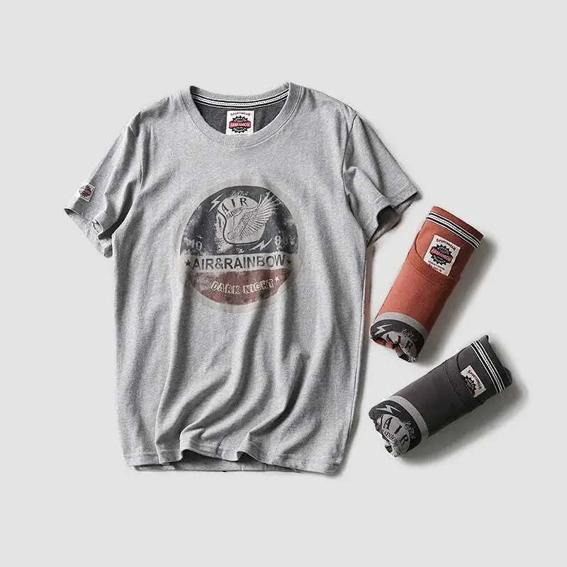 Summer American Retro War Style Short Sleeve O-neck Pilot Printed T-shirt Men's Fashion Youth 100% Cotton Washed Old Casual Tops