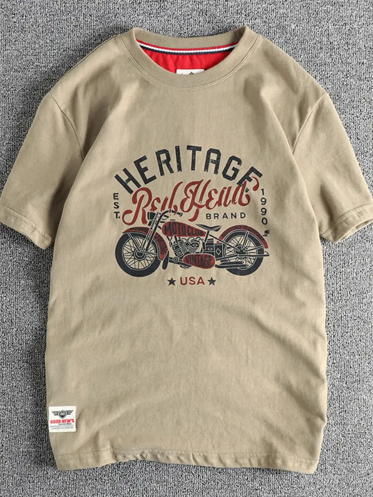 T218# Summer New American Retro Short Sleeve O-neck Motorcyce Printed T-shirt Men's Simple 100% Cotton Washed Casual Youth Tops