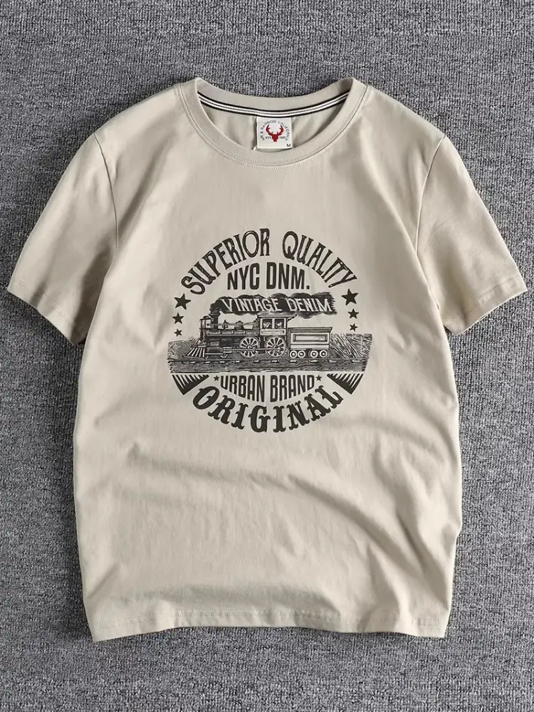 Summer American Retro Short-sleeved O-neck Locomotive Ptinted T-shirt Men's Fashion 100% Odell Cotton Washed Casual Sport Tops