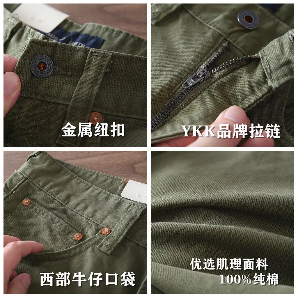 2025 Spring Autumn New American Retro Texture Fabric Chino Cargo Pants Men's Simple 100% Cotton Washed Casual Straight Trousers