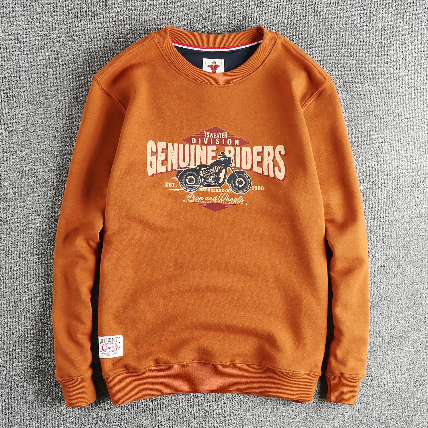 Autumn New American Retro Long Sleeve O-neck Motorcycle Printed Sweatshirts Men's Fashion Washed Terry Pullover Casual Sportwear