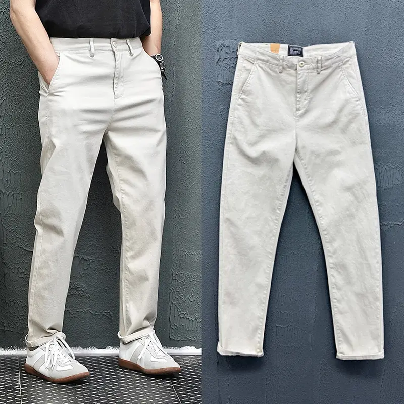 2025 Autumn New American Retro Woven Twill Casual Pants Men's Simple 84% Cotton Washed Micro Elastic Thick Straight Trousers
