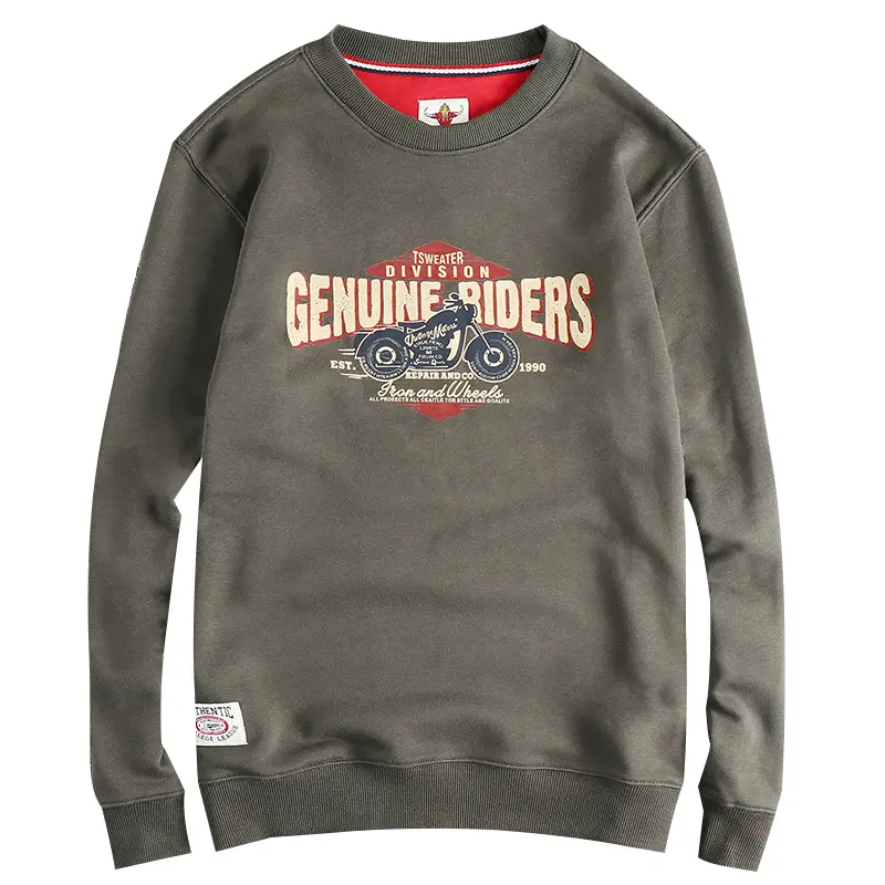 Autumn New American Retro Long Sleeve O-neck Motorcycle Printed Sweatshirts Men's Fashion Washed Terry Pullover Casual Sportwear