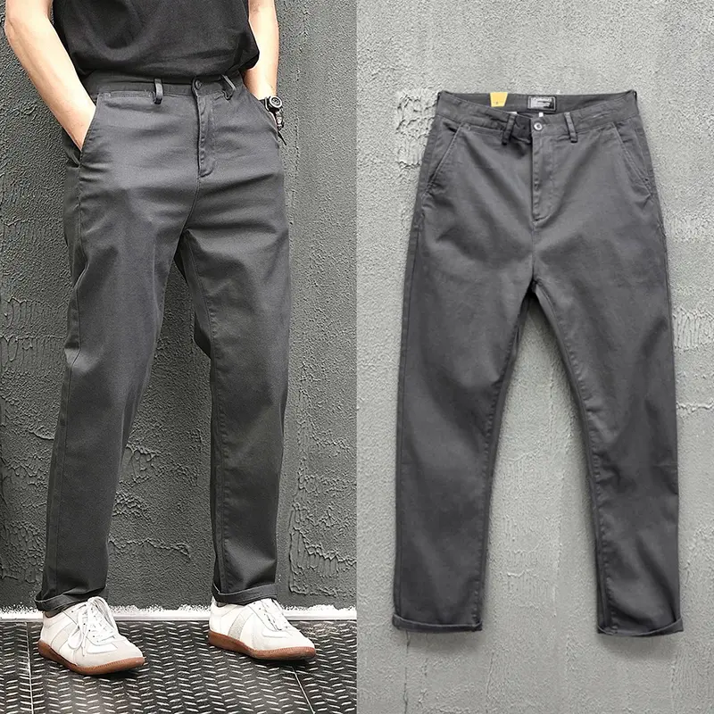 2025 Autumn New American Retro Woven Twill Casual Pants Men's Simple 84% Cotton Washed Micro Elastic Thick Straight Trousers