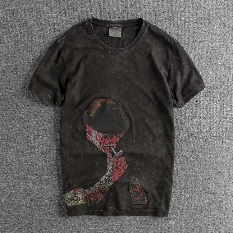 2025 Summer New American Retro Heavyweight Short Sleeve O-neck Printed T-shirt Men's Fashion 100% Cotton Washed Old Casual Tops