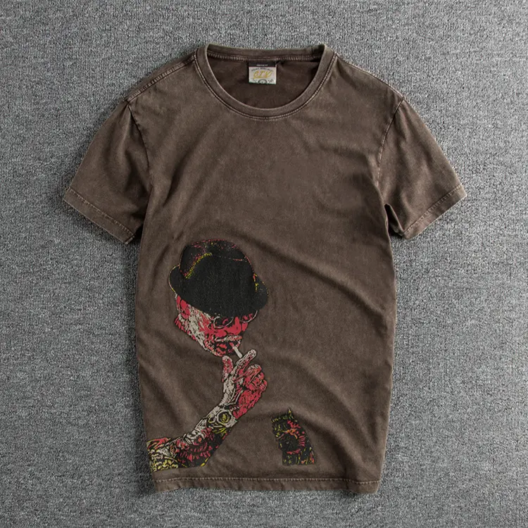 2025 Summer New American Retro Heavyweight Short Sleeve O-neck Printed T-shirt Men's Fashion 100% Cotton Washed Old Casual Tops
