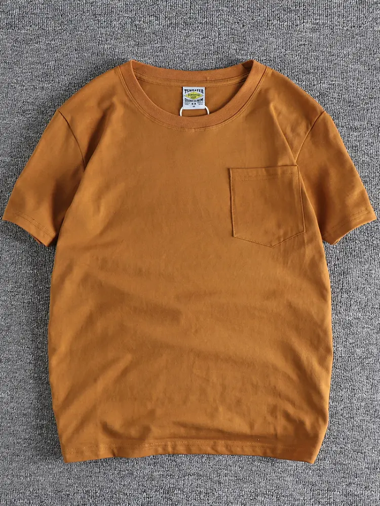Summer New American Retro Short-sleeved O-neck Solid Color Pocket T-shirt Men's Fashion 100% Cotton Washed Casual Couple Tops