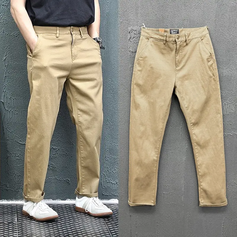 2025 Autumn New American Retro Woven Twill Casual Pants Men's Simple 84% Cotton Washed Micro Elastic Thick Straight Trousers