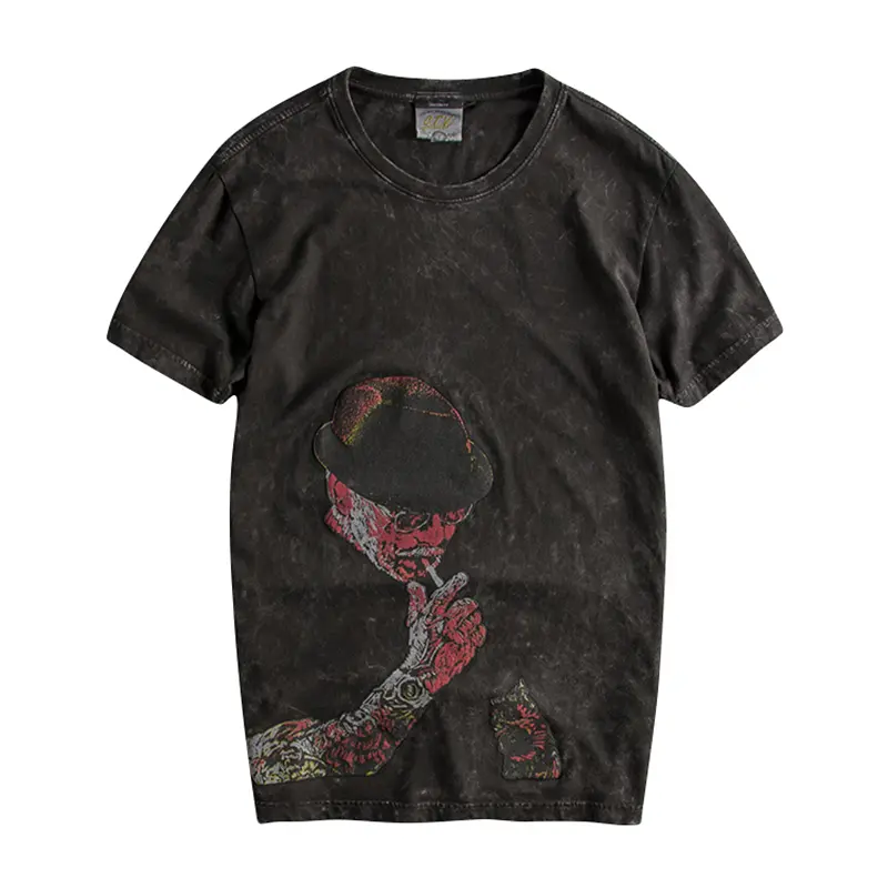 2025 Summer New American Retro Heavyweight Short Sleeve O-neck Printed T-shirt Men's Fashion 100% Cotton Washed Old Casual Tops