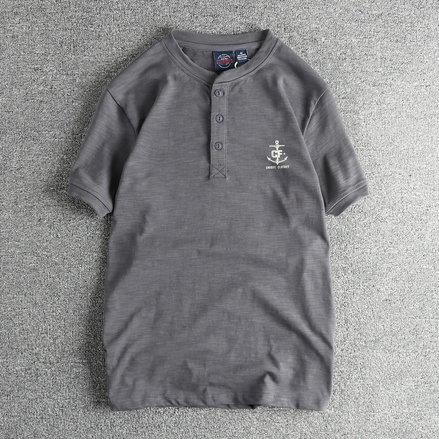 2025 Summer New American Retro Short Sleeve Henry Collar Printed T-shirt Men's Simple 100% Slub Cotton Washed Casual Loose Tops