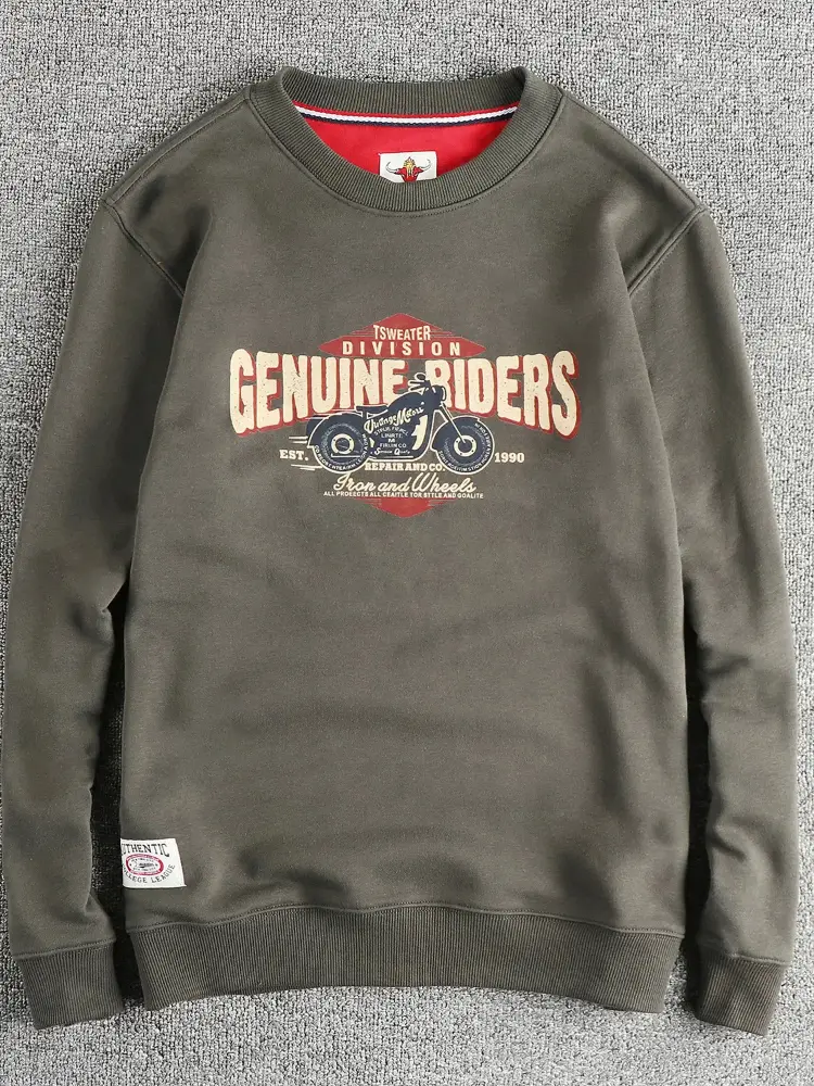 Autumn New American Retro Long Sleeve O-neck Motorcycle Printed Sweatshirts Men's Fashion Washed Terry Pullover Casual Sportwear