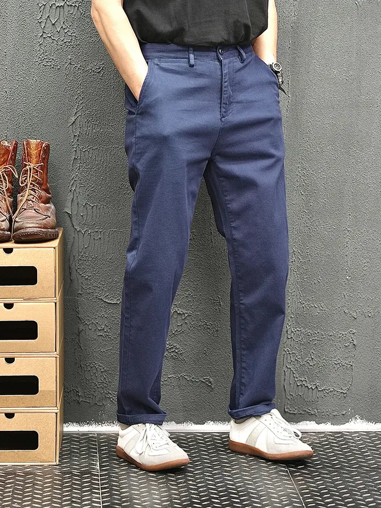 2025 Autumn New American Retro Woven Twill Casual Pants Men's Simple 84% Cotton Washed Micro Elastic Thick Straight Trousers