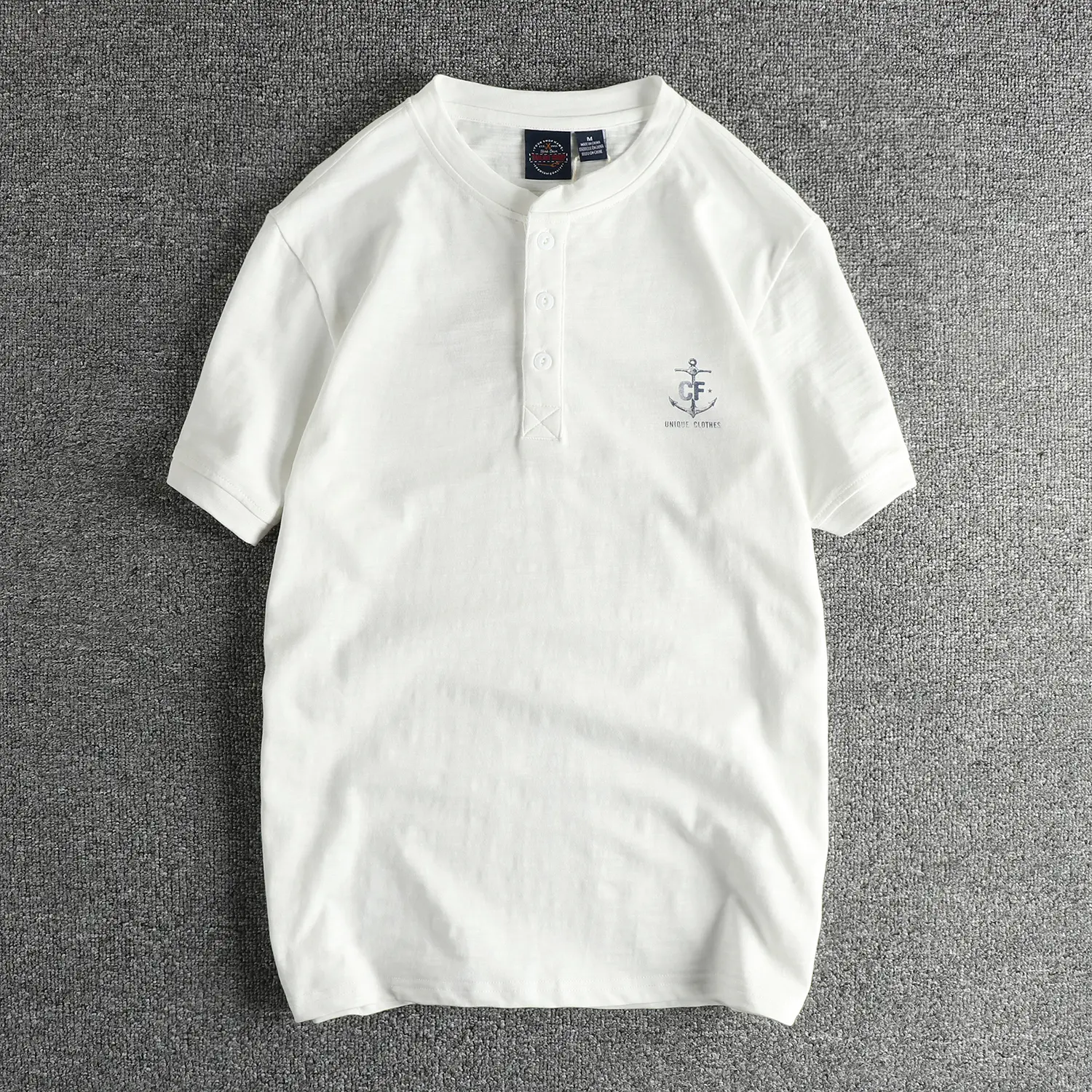 2025 Summer New American Retro Short Sleeve Henry Collar Printed T-shirt Men's Simple 100% Slub Cotton Washed Casual Loose Tops