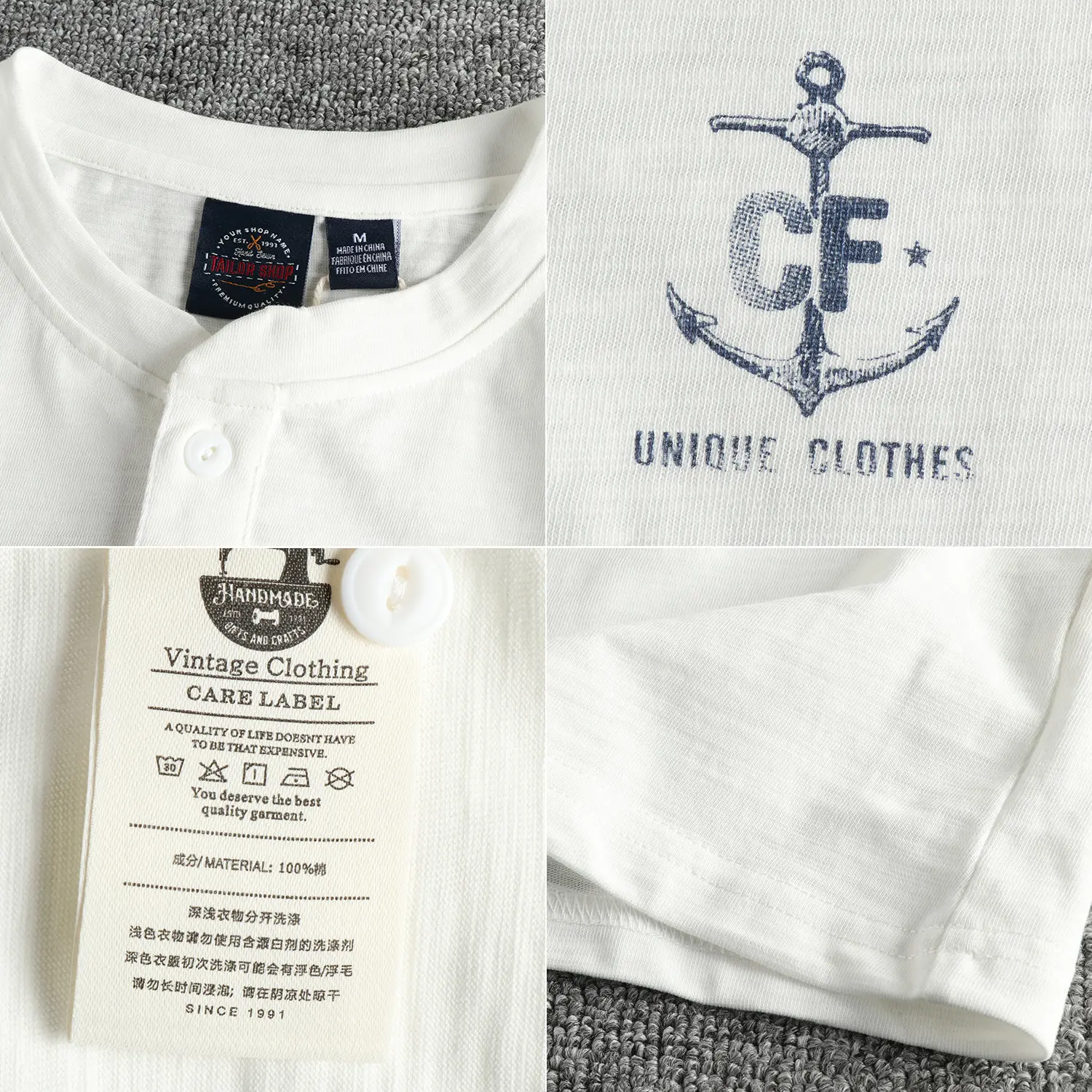 2025 Summer New American Retro Short Sleeve Henry Collar Printed T-shirt Men's Simple 100% Slub Cotton Washed Casual Loose Tops