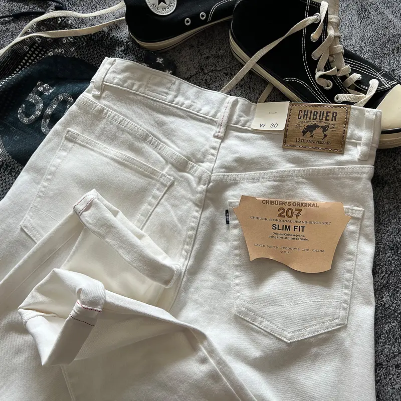 Spring and Autumn New American Retro White Denim Cargo Jeans Men's Simple 100% Cotton Washed Heavyweight Casual Straight Pants