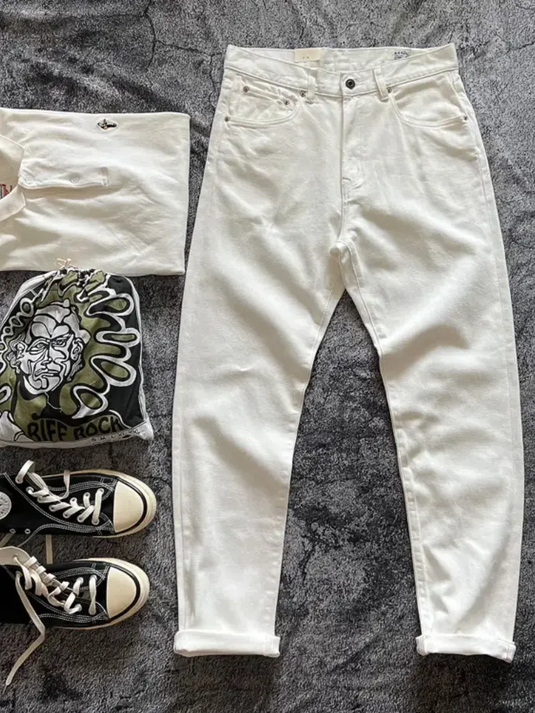 Spring and Autumn New American Retro White Denim Cargo Jeans Men's Simple 100% Cotton Washed Heavyweight Casual Straight Pants