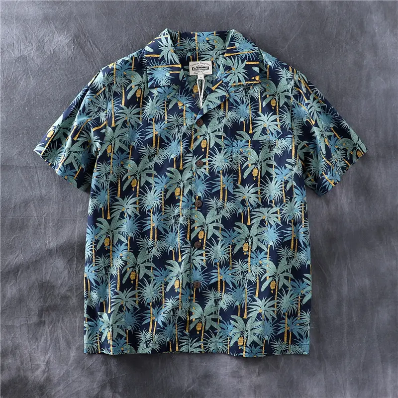 Summer New American Retro Short Sleeve Cuban Collar Hawaiian Print Shirt Men's Fashion Seaside Beach Loose Casual Flower Blouses
