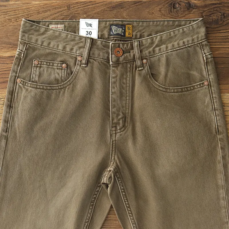 033# Spring Autumn New American Retro Heavyweight Khaki Denim Jeans Men's Trendy 100% Cotton Washed Old Straight Casual Pants