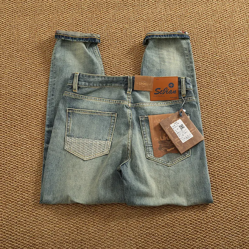 2025 Summer New American Retro Heavyweight Elastic Denim Jeans Men's Simple 93.7% Cotton Washed Old Straight Casual Patch Pants
